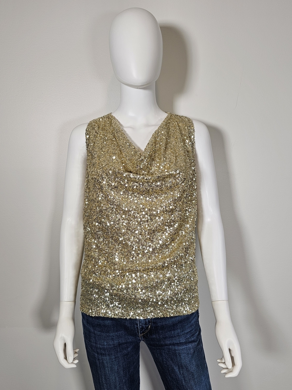 Lovers + Friends Gold Sequin Cowl Neck Waterfall Tank Sz XS